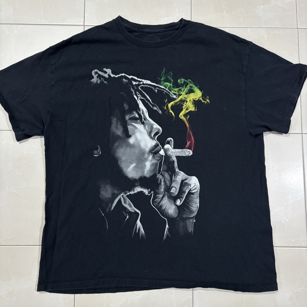 Vintage Y2K Bob Marley Band T Shirt Reggae Black Faded Men's XL Rasta Smoke